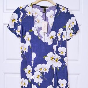 Forever 21 V-neck Mini Purple Floral Skater Dress with Lace-up Back